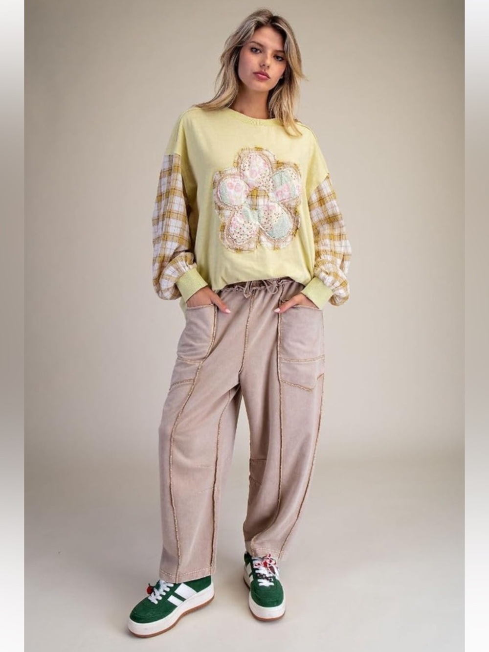 Easel Eryn Mineral Washed Terry Knit Barrel Leg Pants size small baked potato - Picture 2 of 4